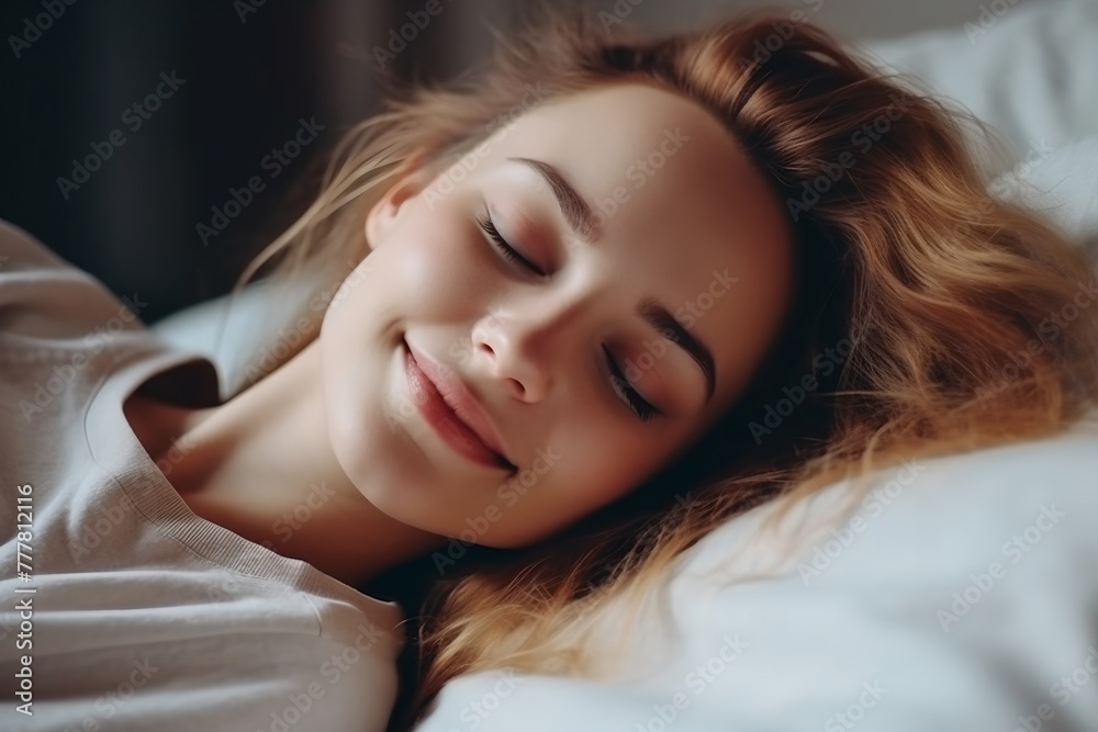 A woman is sleeping on a bed with her head resting on a pillow A woman is sleeping on a bed with her head resting on a pillow