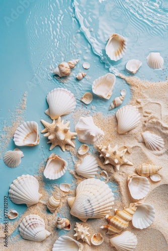 a beach scene featuring beach sand and seashells  in the style of light white and sky-blue  ferrania p30  serene visuals  ad posters  vibrant stage backdrops - generative ai