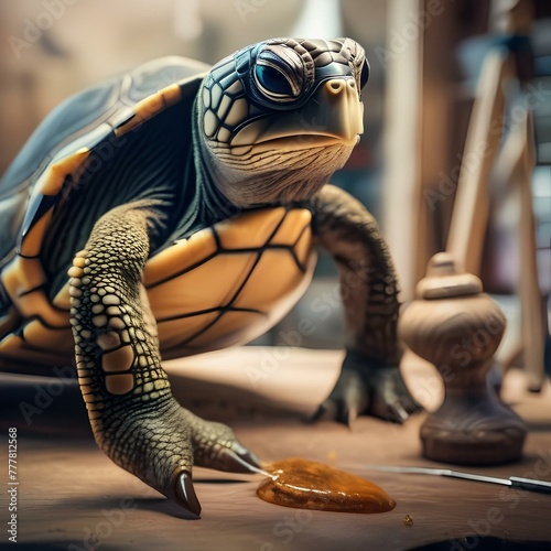 A turtle wearing a painter's smock and creating a masterpiece1 photo