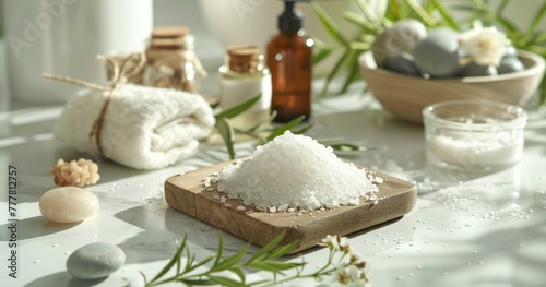 Sea Salt, Massage Stones, and Essential Oils Arranged on a White Wooden Surface