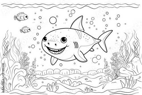Smiling shark and fish underwater coloring page for children. Black and white picture. AI Generated 