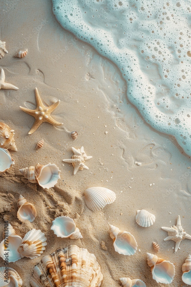 a beach scene featuring beach sand and seashells, in the style of light white and sky-blue, ferrania p30, serene visuals, ad posters, vibrant stage backdrops - generative ai a beach scene featuring beach sand and seashells, in the style of light white and sky-blue, ferrania p30, serene visuals, ad posters, vibrant stage backdrops - generative ai