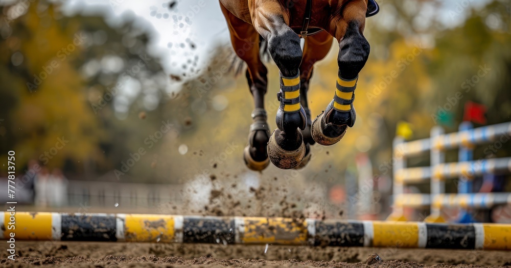 Hooves in Flight. Triumphing Over Obstacles in Equestrian Jumping - obrazy, fototapety, plakaty 