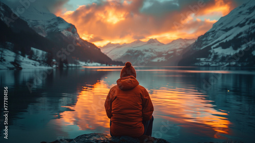 A person in an orange jacket sits on a rock by a lake. AI.