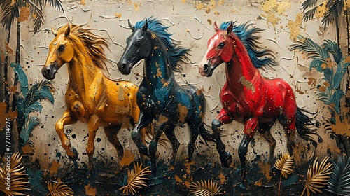 Plants  animals  horses  metal elements  texture background  modern paintings