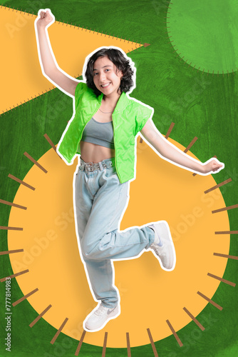 Young girl on colorful background dances happily, banner for social networks.