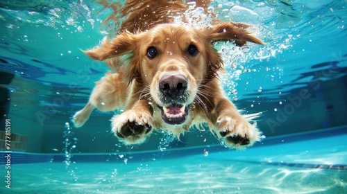 Portrait underwater of golden retriever dog swim at water of swimming pool. AI generated image © atapdesain