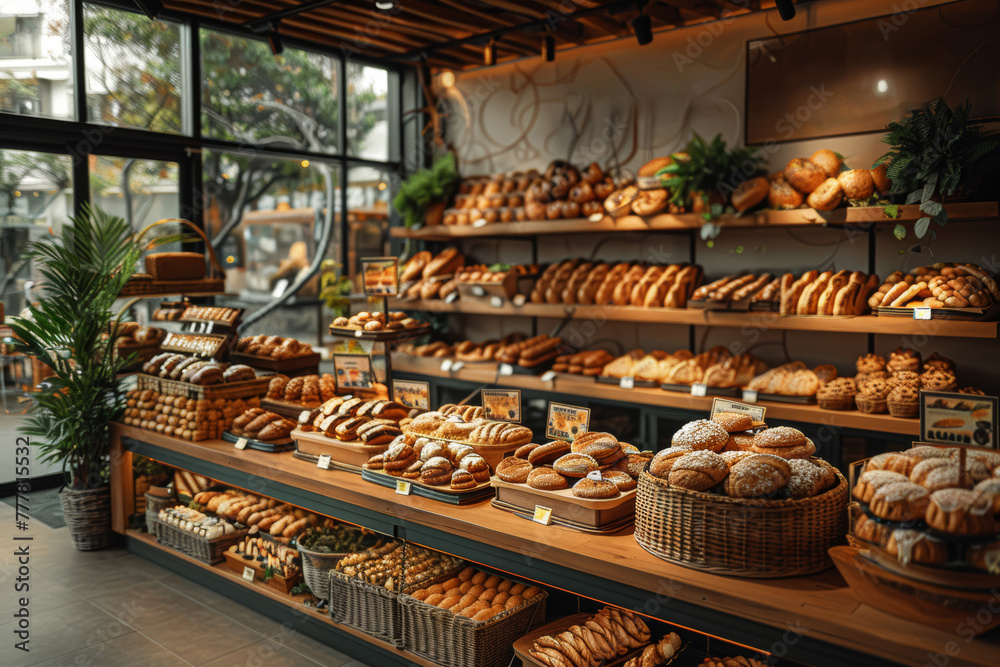 A traditional family-owned bakery competing with a chain of modern bakeries using automated baking technology. Concept of culinary innovation. Generative Ai.