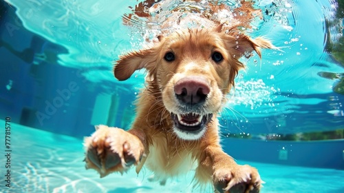 Portrait underwater of golden retriever dog swim at water of swimming pool. AI generated image