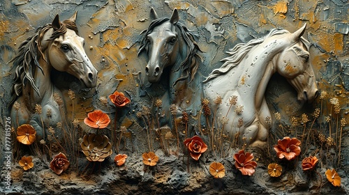 Plants  animals  horses  metal elements  texture background  modern paintings