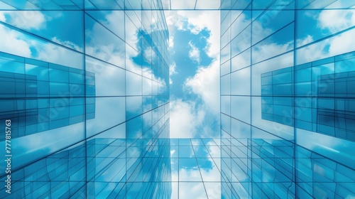 Modern blue glass wall of building skyscraper with blue sky reflection. AI generated image