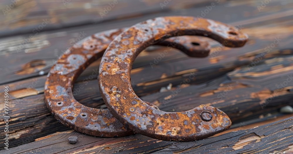 Two Old Horseshoes Resting on Wooden Background Two Old Horseshoes Resting on Wooden Background