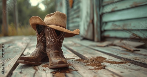 Pair of Old Leather Boots and Cowboy Hat on Wooden Floor