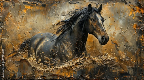 Plants, animals, horses, metal elements, texture background, modern paintings