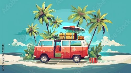 3d render cartoon Illustration minivan with luggage on tropical beach on summer holiday traveling © atapdesain
