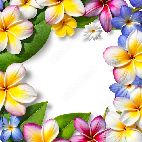 Square close-up image of fresh plumeria daisy cosmos and periwinkle flowers border frame