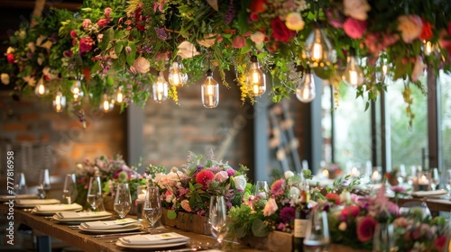 Beautiful luxury decorated wedding table indoor restaurant hall building. AI generated image © atapdesain