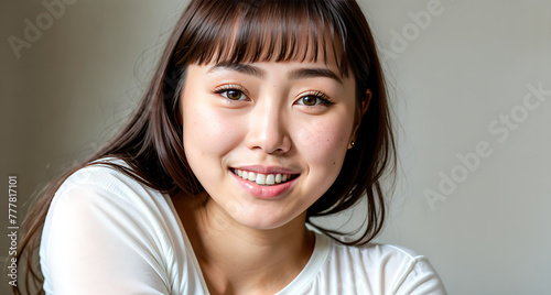 A young woman with long black hair wearing a white shirt and smiling at the camera. photo