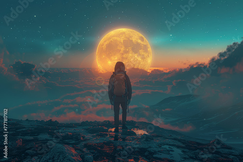 A dreamer gazing at the distant moon, imagining the possibilities that lie beyond the Earth's atmosphere. Concept of aspiration and ambition. Generative Ai.