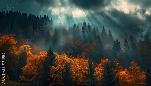 Colorful gloomy misty forest. High quality photo photo