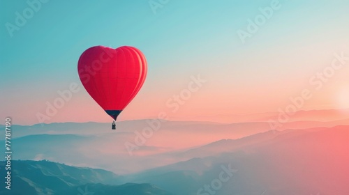 Red heart shape of hot air balloon flight in the sky with foggy mountains background. AI generated © atapdesain