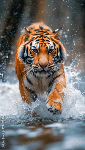 Vertical composition, Tiger Panthera tigris moving in the river