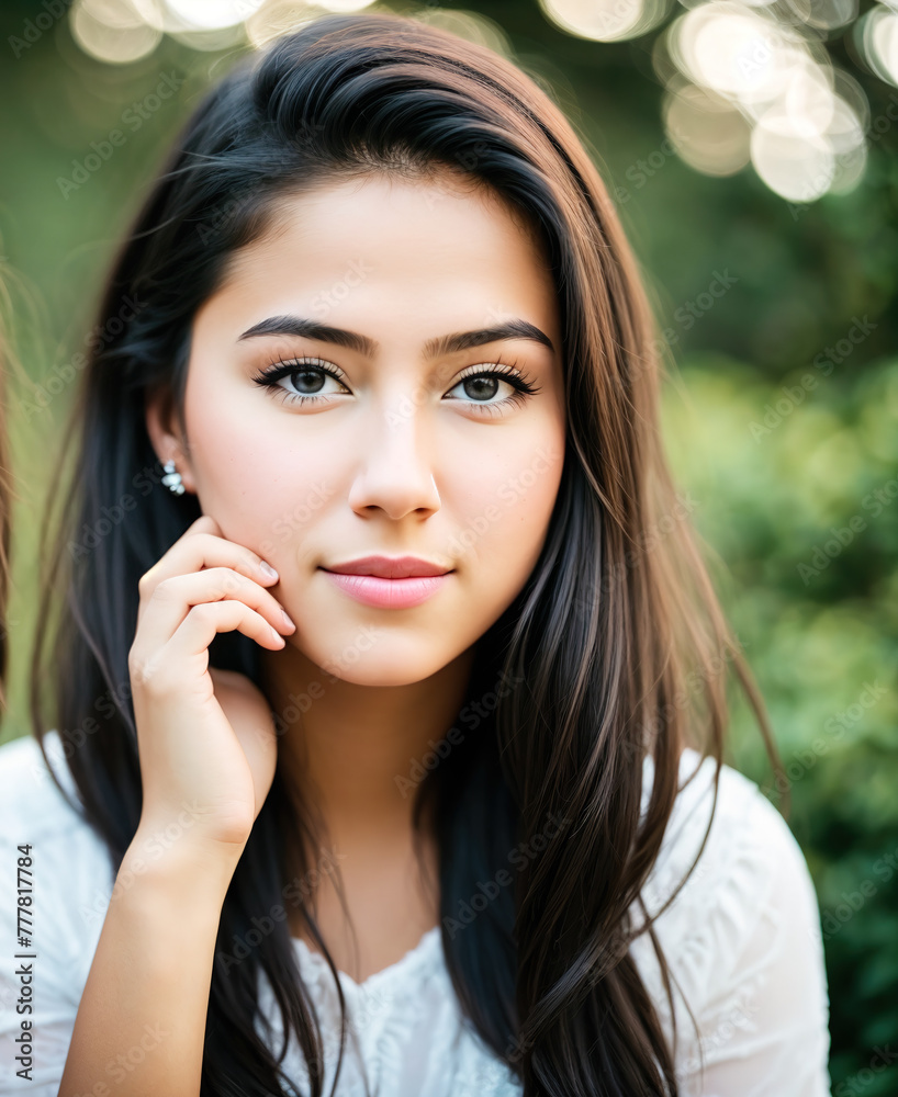 A young woman with long, dark hair and brown eyes. A young woman with long, dark hair and brown eyes.