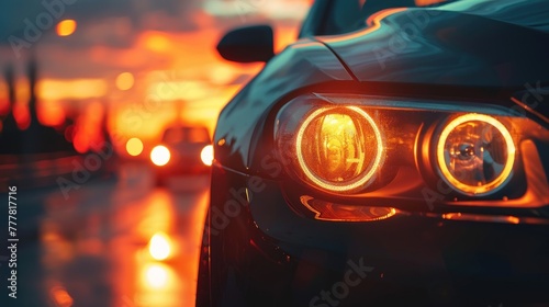 Front view closeup headlight of car light on the street at sunset view. AI generated image