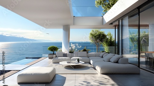 A large open living room with a view of the ocean