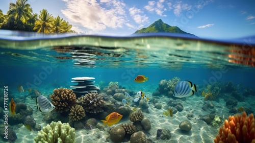 Tropical seascape  fish with sea anemones underwater in the lagoon of Huahine in French Polynesia  split view over and under water surface
