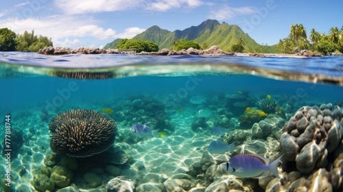 Tropical seascape, fish with sea anemones underwater in the lagoon of Huahine in French Polynesia, split view over and under water surface