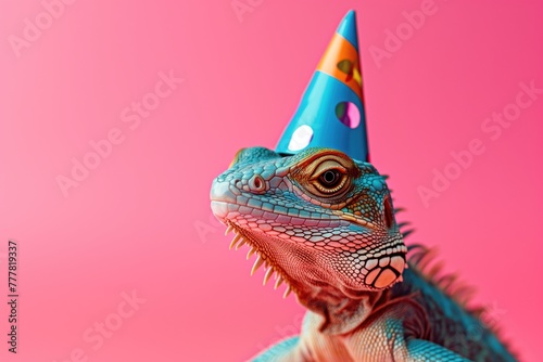 Happy Birthday Pet Lizard Portrait, Reptile Animal Greeting Card Design, Holiday New Years Celebration Concept, Marketing Backdrop, Color Background, Veterinarian Wallpaper with Copy Space for Text