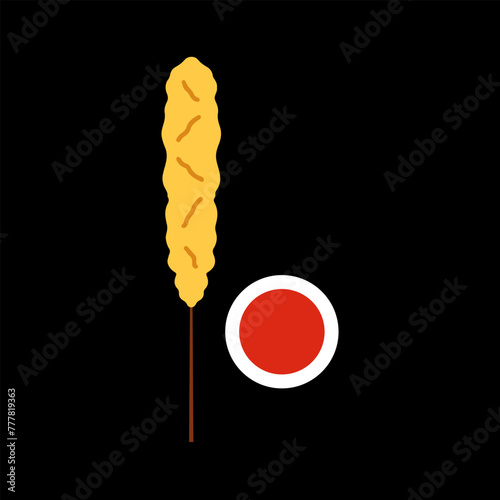 Satay cartoon, digital art illustration. Indonesian food: chicken satay, rolled egg satay/skewered egg rolls, and intestine satay.