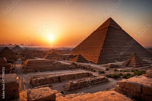 sun setting over the pyramids in Egypt