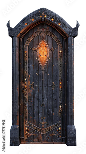 fantasy door with glowing runes isolated on white background