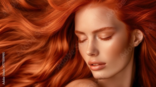 Close up shot of young woman with long copper colored hair.