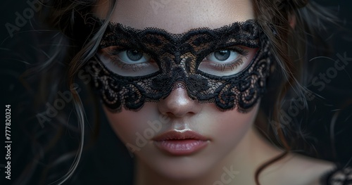 Woman's Close-Up Portrait with Black Lace Mask © lander