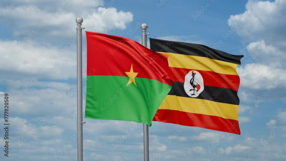 Republic of Uganda and Burkina Faso two flags waving together, looped video, two country cooperation concept Republic of Uganda and Burkina Faso two flags waving together, looped video, two country cooperation concept