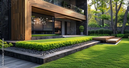 Contemporary Front Yard with Wooden-Trimmed Artificial Grass © lander