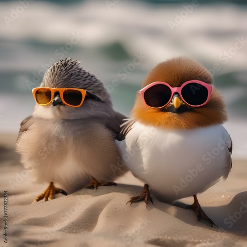 A group of birds wearing sunglasses and relaxing on the beach1