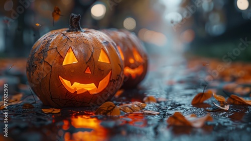 Carved Pumpkins Amidst Blurred Background © lander