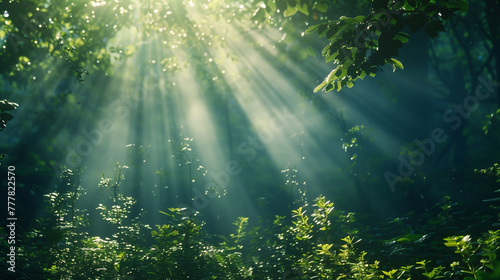 A lush green forest with sunlight shining through the trees. AI.