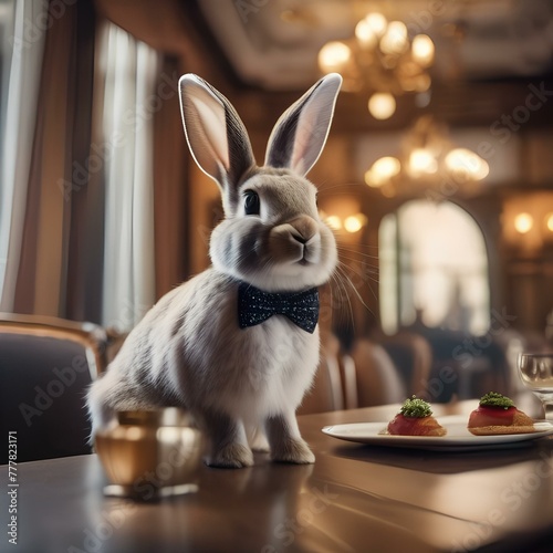A rabbit wearing a bowtie and attending a fancy dinner party5