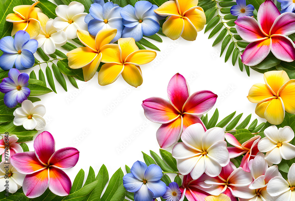 Beautiful close-up view of fresh plumeria daisy cosmos and periwinkle flowers frame