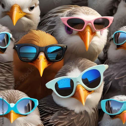 A group of birds wearing sunglasses and relaxing on the beach2