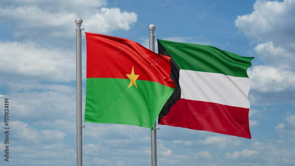 Kuwait and Burkina Faso two flags waving together, looped video, two country cooperation concept Kuwait and Burkina Faso two flags waving together, looped video, two country cooperation concept