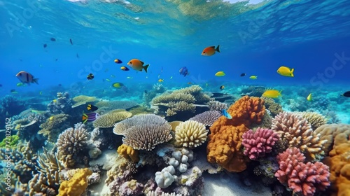 underwater coral reef landscape super wide banner background in the deep blue ocean with colorful fish © ANIS