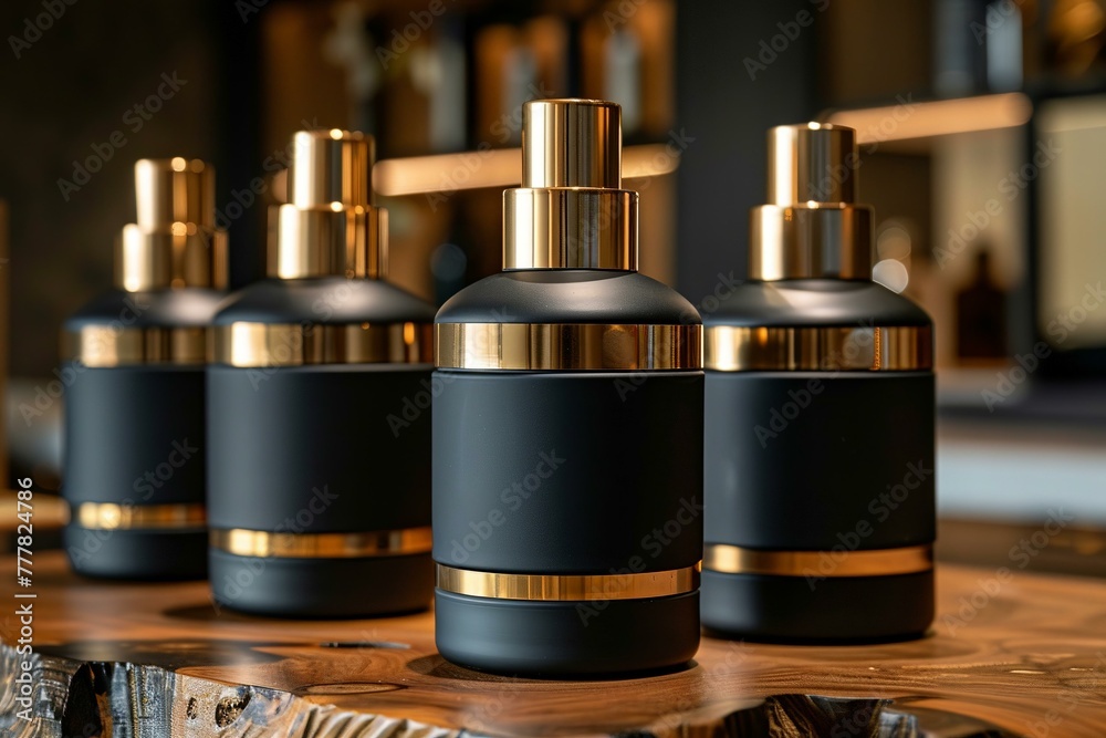 Refined beauty essentials, black bottles with golden detail Refined beauty essentials, black bottles with golden detail