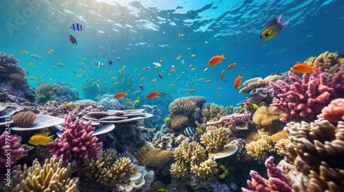 underwater coral reef landscape super wide banner background in the deep blue ocean with colorful fish