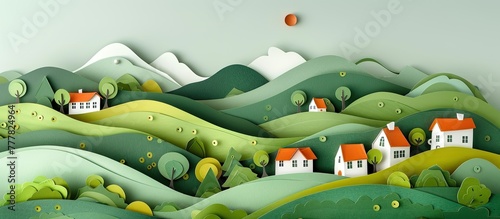 Paper Cut Serene Countryside Landscape Dotted with Farmhouses
